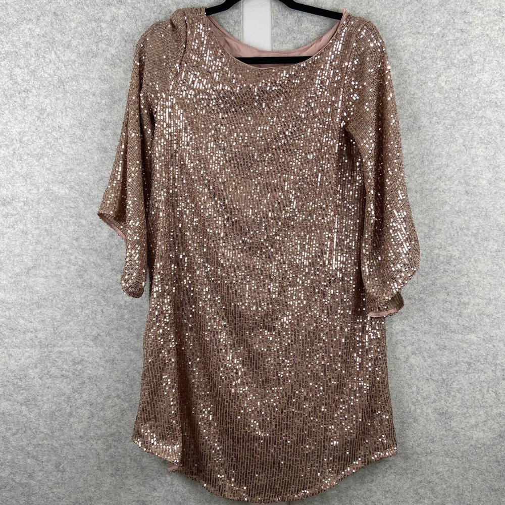 Anthropologie Dress Womens XS Pink Sequin 3/4 Sleeve Shift Party Cocktail